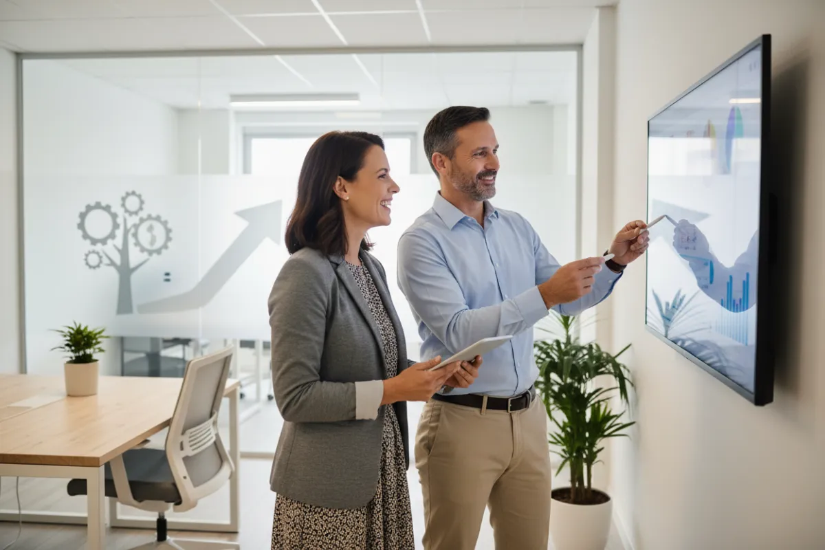 A confident local business owner in a modern office, reviewing a digital marketing dashboard with a consultant, both smiling and engaged. The background features subtle branding elements and a bright, inviting workspace. 3:2 aspect ratio.