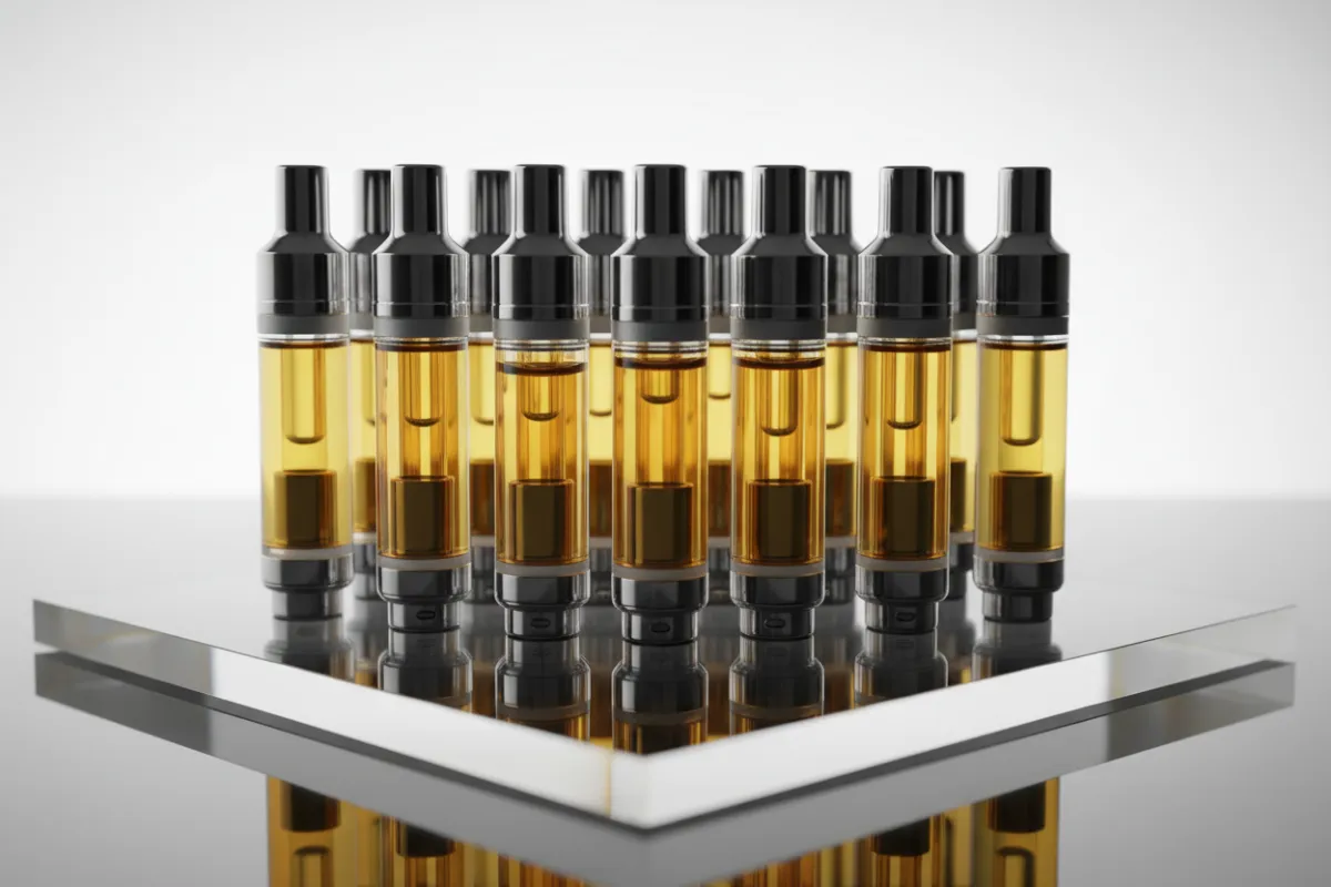 Sleek glass vape cartridges filled with golden cannabis oil, arranged neatly on a reflective surface. The background is minimal, highlighting the purity and quality of the product.