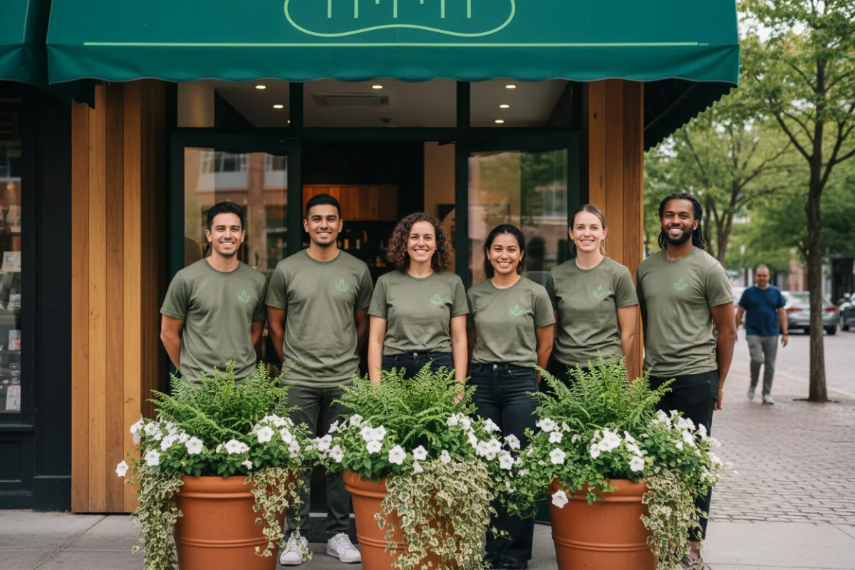 A group of diverse staff members standing in front of the dispensary entrance, smiling and wearing branded shirts. The storefront features green signage and potted plants, reflecting a welcoming, community-focused atmosphere.