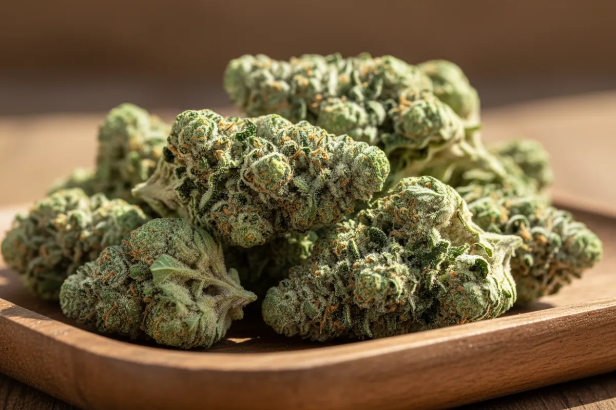 Close-up of vibrant green cannabis flower buds on a wooden tray, with natural sunlight highlighting the trichomes. The background is softly blurred, focusing attention on the product's freshness and quality.