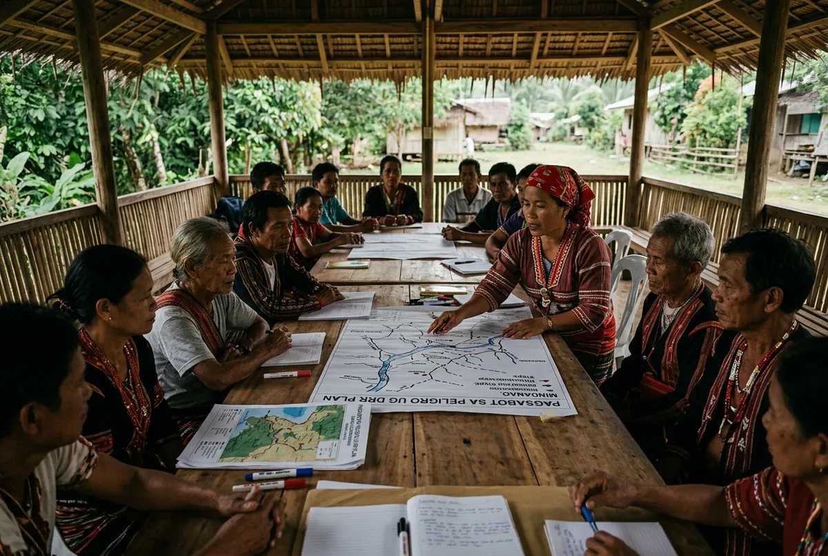 Indigenous community members participating in local disaster risk reduction in Mindanao