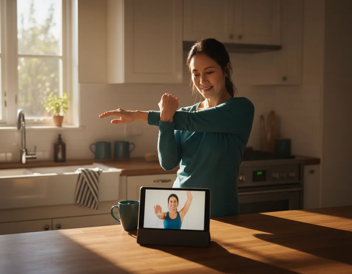 A person following a live coaching session on their tablet