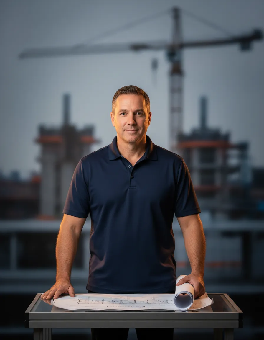Confident contractor business owner standing at jobsite with blueprints