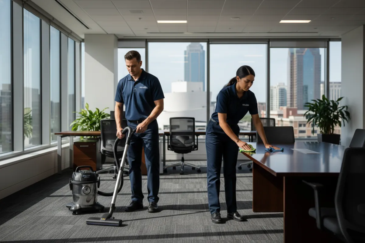 Professional janitorial staff cleaning a corporate office in Kansas City