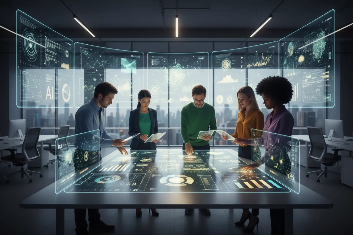 A group of employees from various departments collaborating around a digital table, each using AI-powered devices and tools. The workspace is open and modern, with digital screens displaying AI analytics, symbolizing empowerment and teamwork.