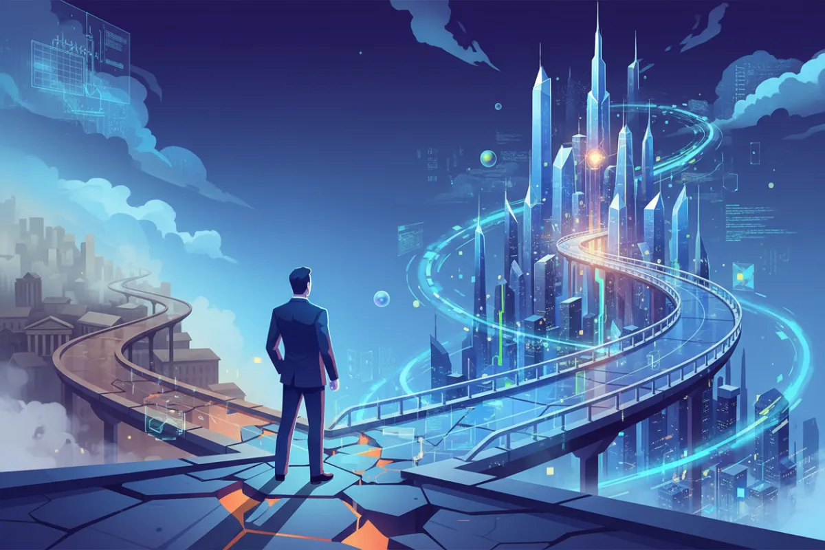 A conceptual illustration of a business leader standing at a crossroads, with one path leading to a futuristic city powered by AI. The scene is vibrant, with digital elements and glowing lines, symbolizing the decision to embrace AI transformation.