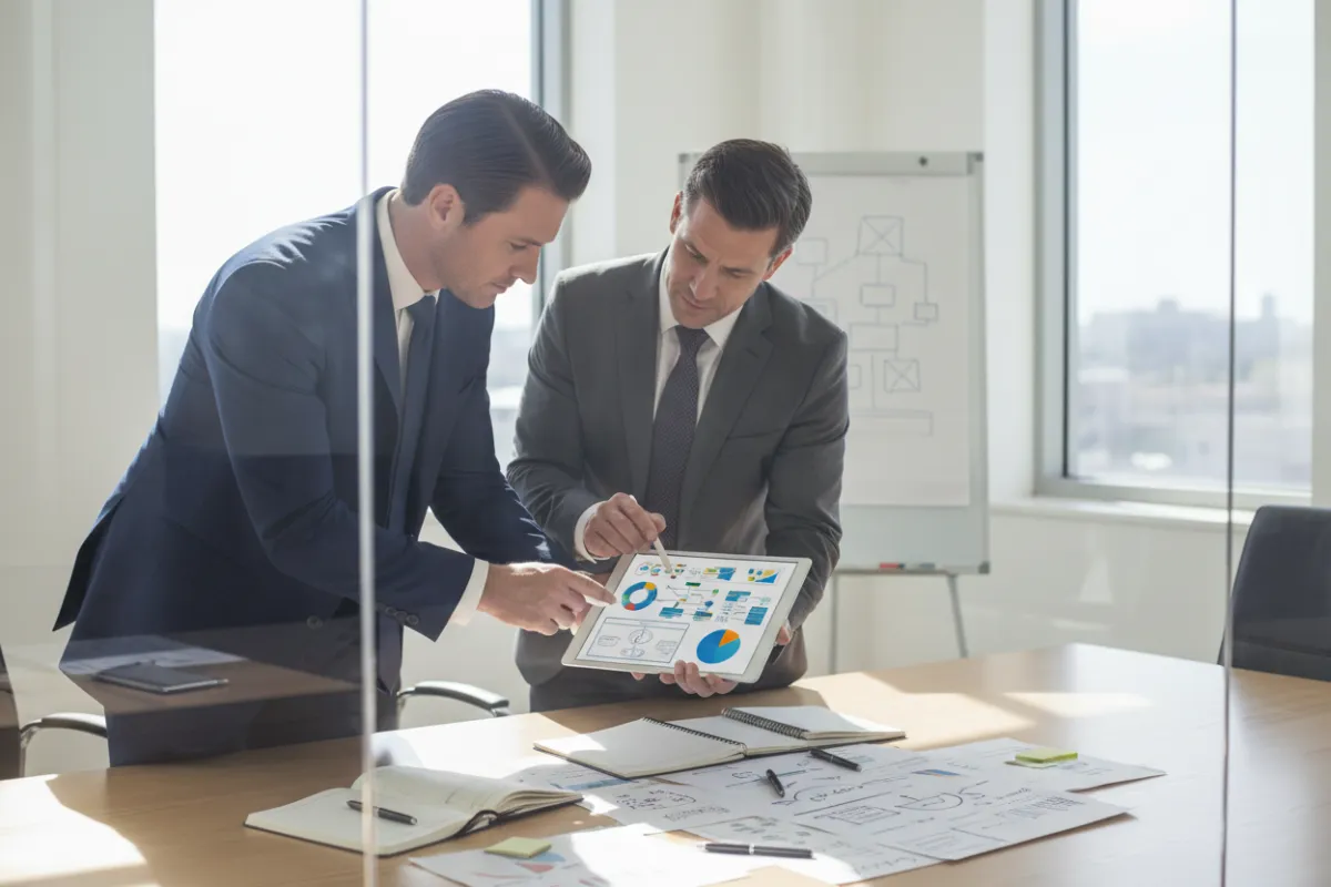 A consultant and enterprise executive in a glass-walled meeting room, reviewing a detailed AI integration plan on a digital tablet. The setting is bright and professional, with visible notes and diagrams, highlighting a collaborative planning session.