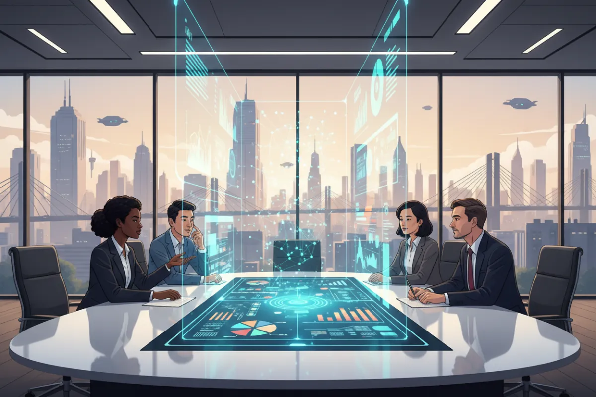 A digital illustration of a diverse group of enterprise executives in a modern boardroom, reviewing a large interactive AI-powered dashboard with data visualizations. The background features floor-to-ceiling windows with a cityscape, conveying innovation and collaboration in a corporate setting.