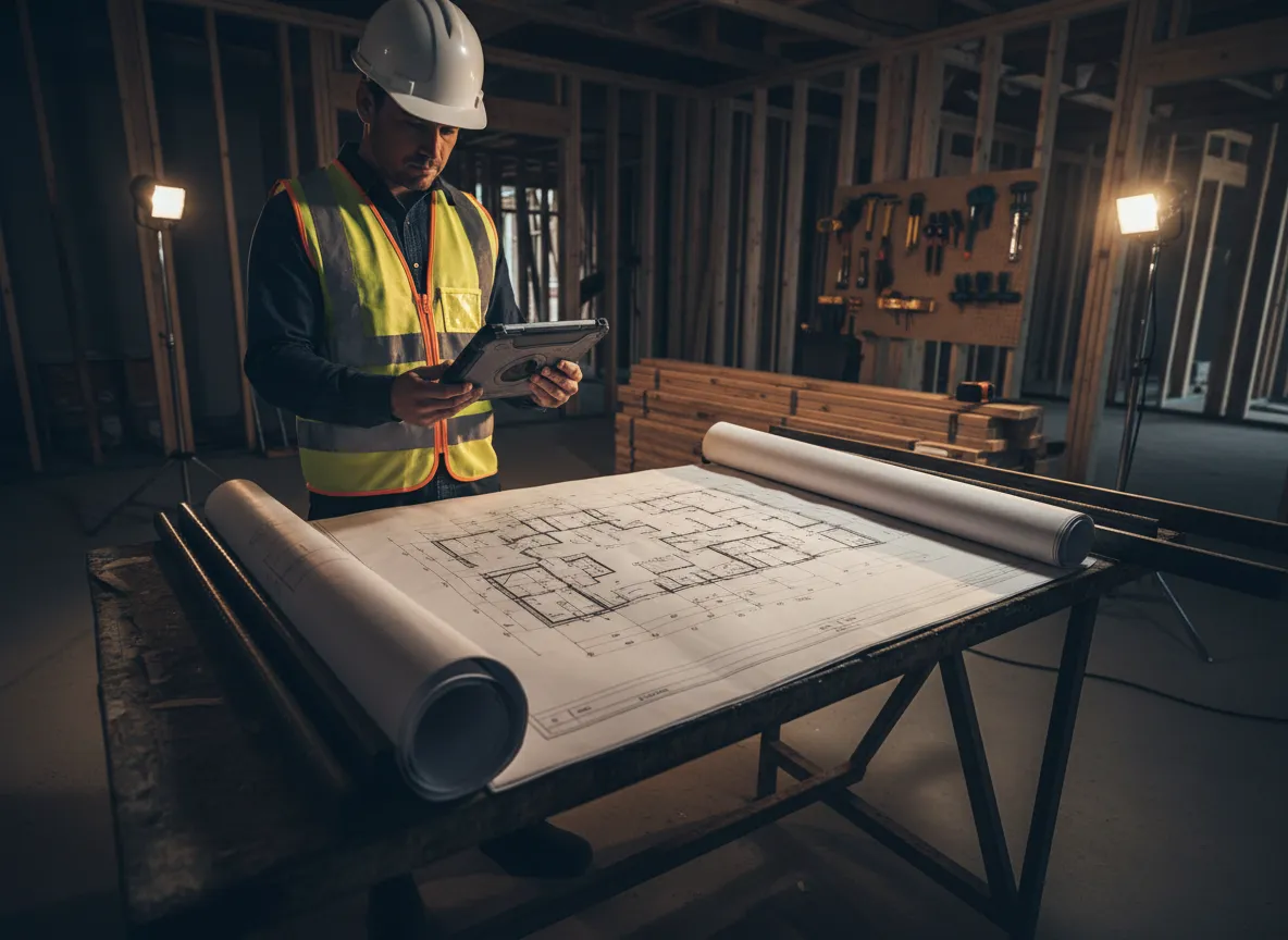 Site manager reviewing digital blueprints on a tablet at a residential construction site.