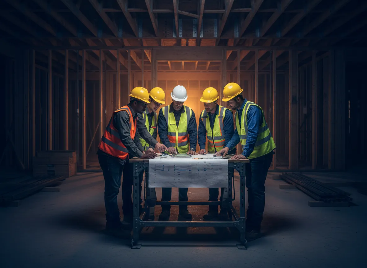 Construction team reviewing timeline documents on a framing site.
