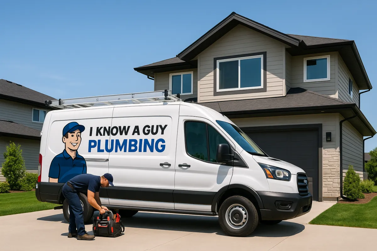 I Know a Guy Plumbing service van in front of a suburban house