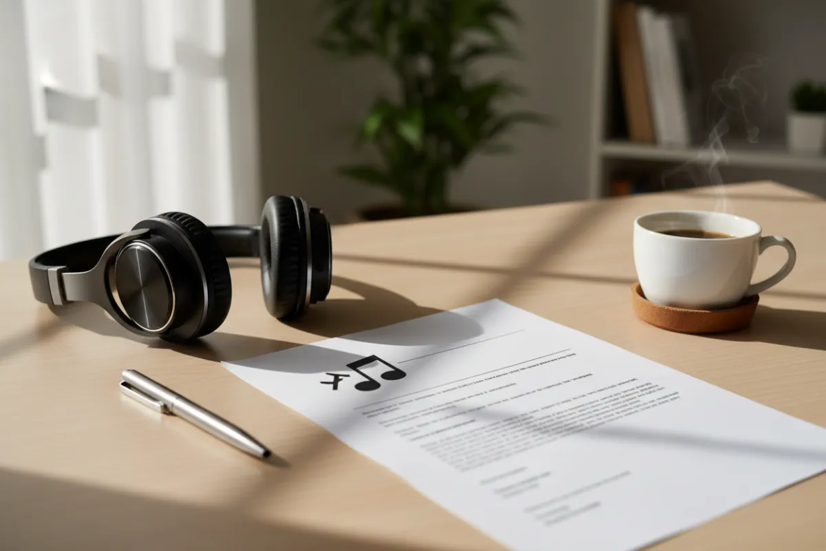 Music rights document with headphones and pen