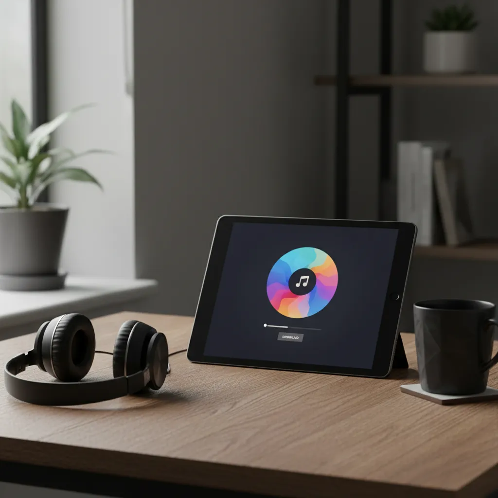 A close-up photo of a tablet displaying a digital music download screen, with album artwork visible, set on a wooden desk with headphones and a coffee mug, evoking a modern, tech-savvy music experience.