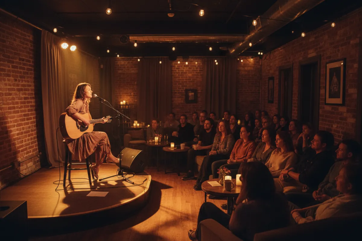Warm, inviting photo-style illustration of a small intimate concert in a cozy venue featuring a single woman performer resembling Juliet Easton on stage, visible softly-focused audience, warm lighting, natural colors, shallow depth of field