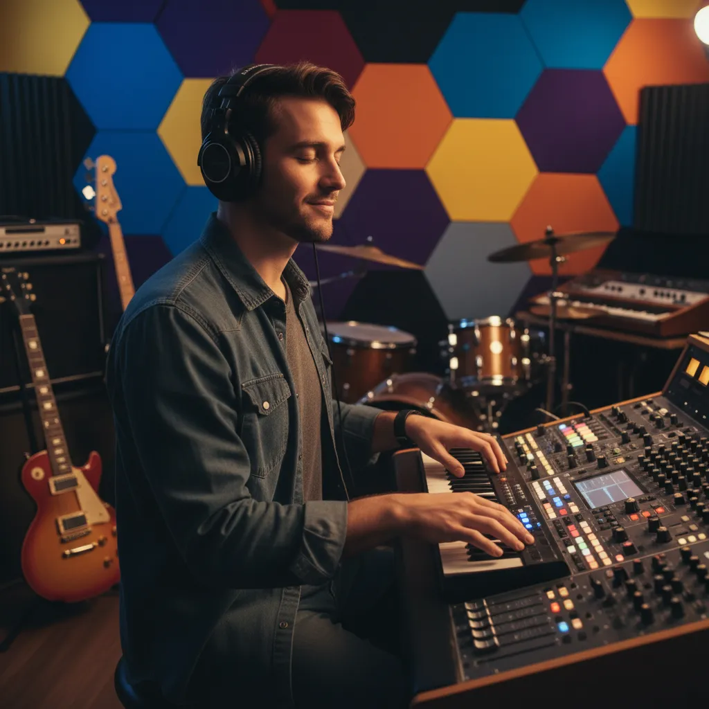 A candid photo of a musician at a mixing desk in a recording studio, headphones on, composing a custom song, with colorful sound panels and instruments in the background, capturing the creative process.