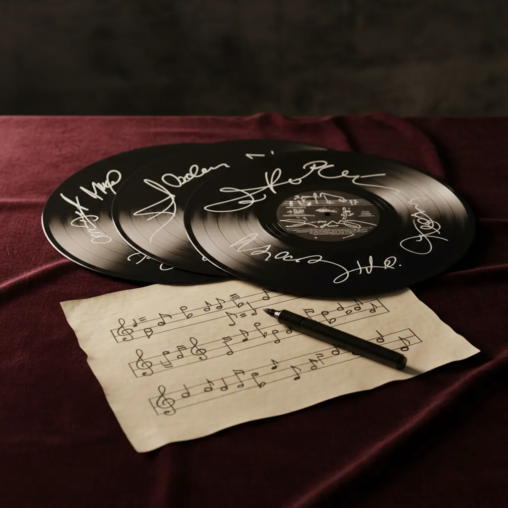 A carefully arranged still life of signed vinyl records, a handwritten lyric sheet, and a marker, all on a velvet cloth, with soft lighting highlighting the autographs and musical notes for a sense of exclusivity.