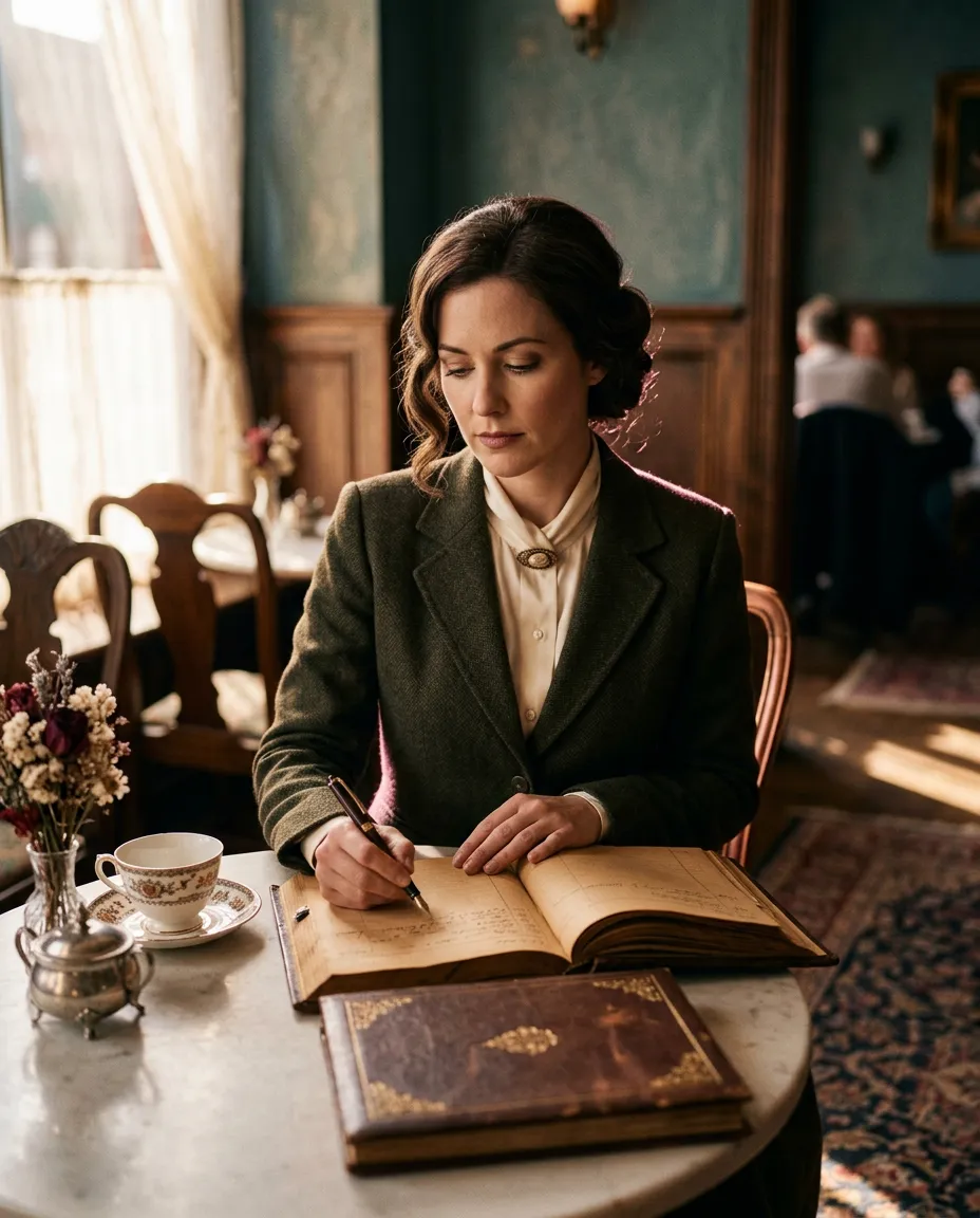 Warm film-grain portrait of an elegant woman in a tea room reviewing fine stationery with thoughtful contemplation