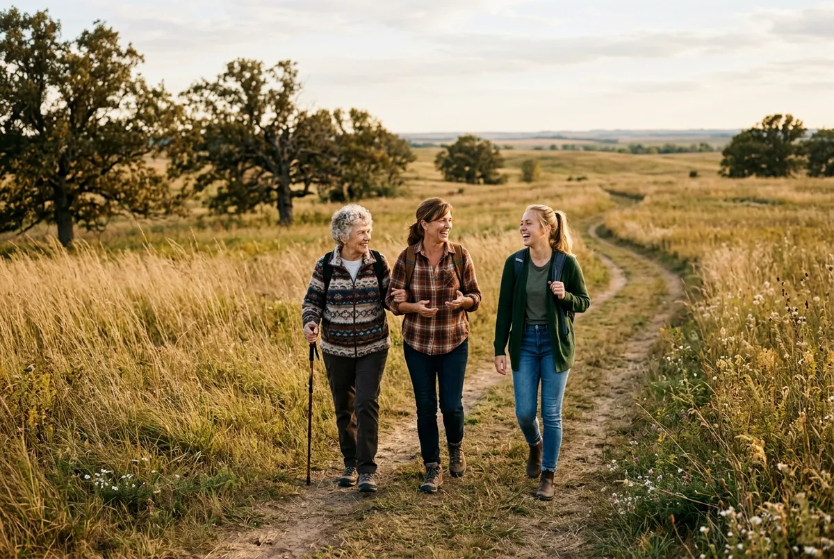 Multigenerational women walking together on a trail through a Midwestern prairie with a few burr oak trees