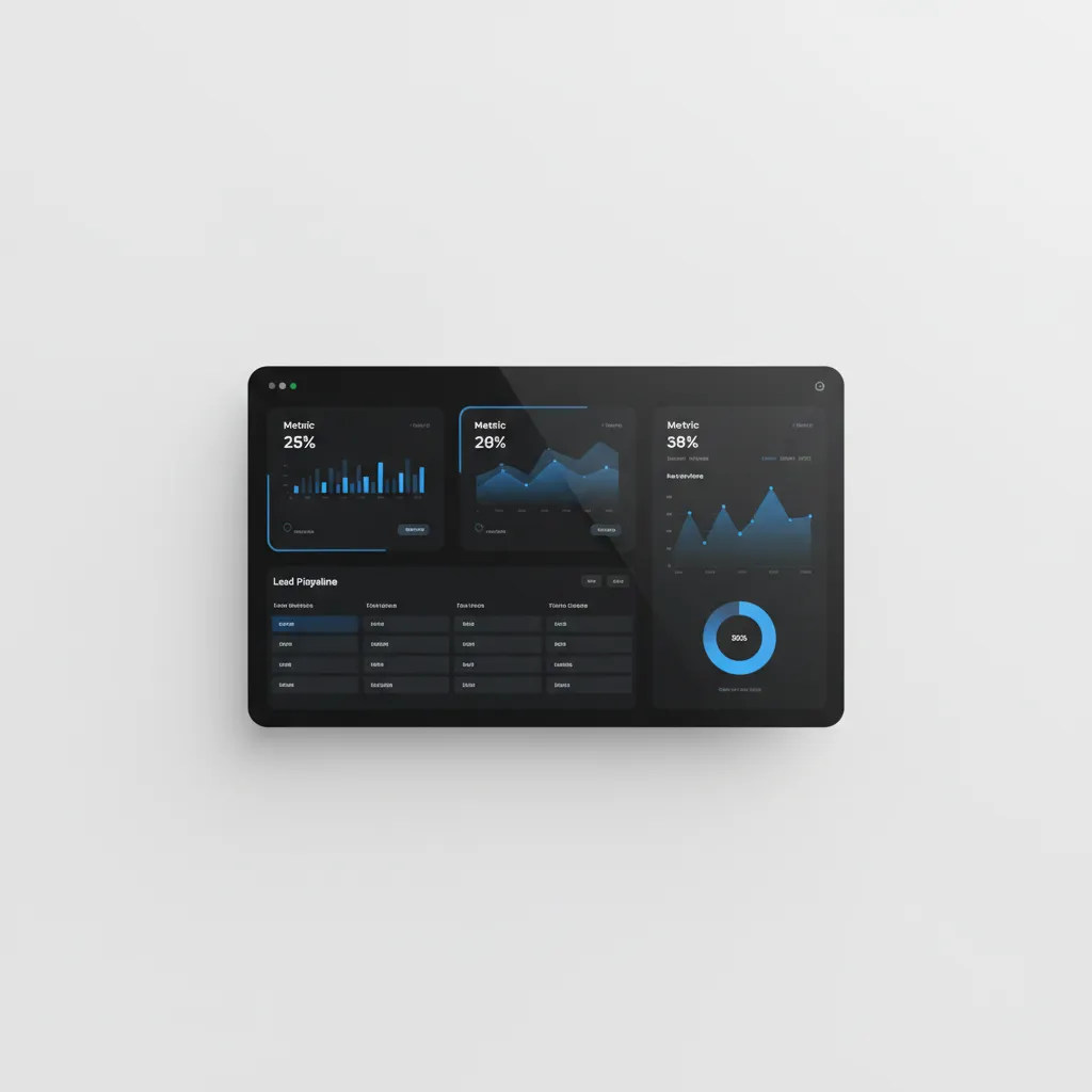 High-fidelity CRM dashboard mockup with active lead data and blue accents