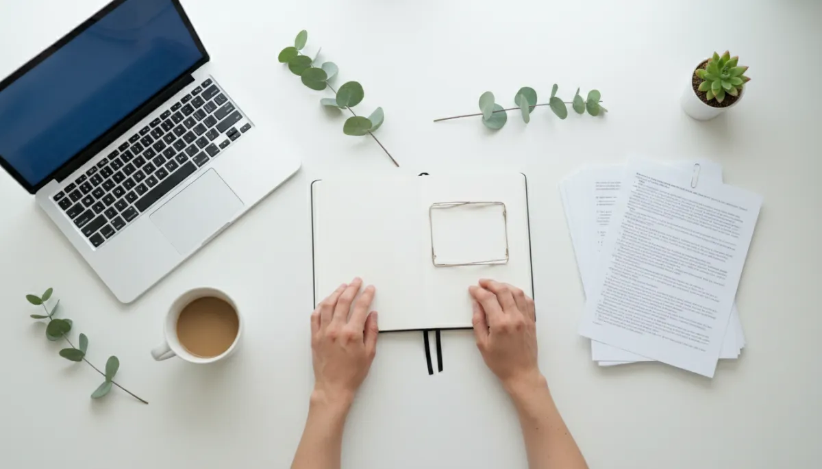 Clean modern desk with open notebook and laptop for publishing planning