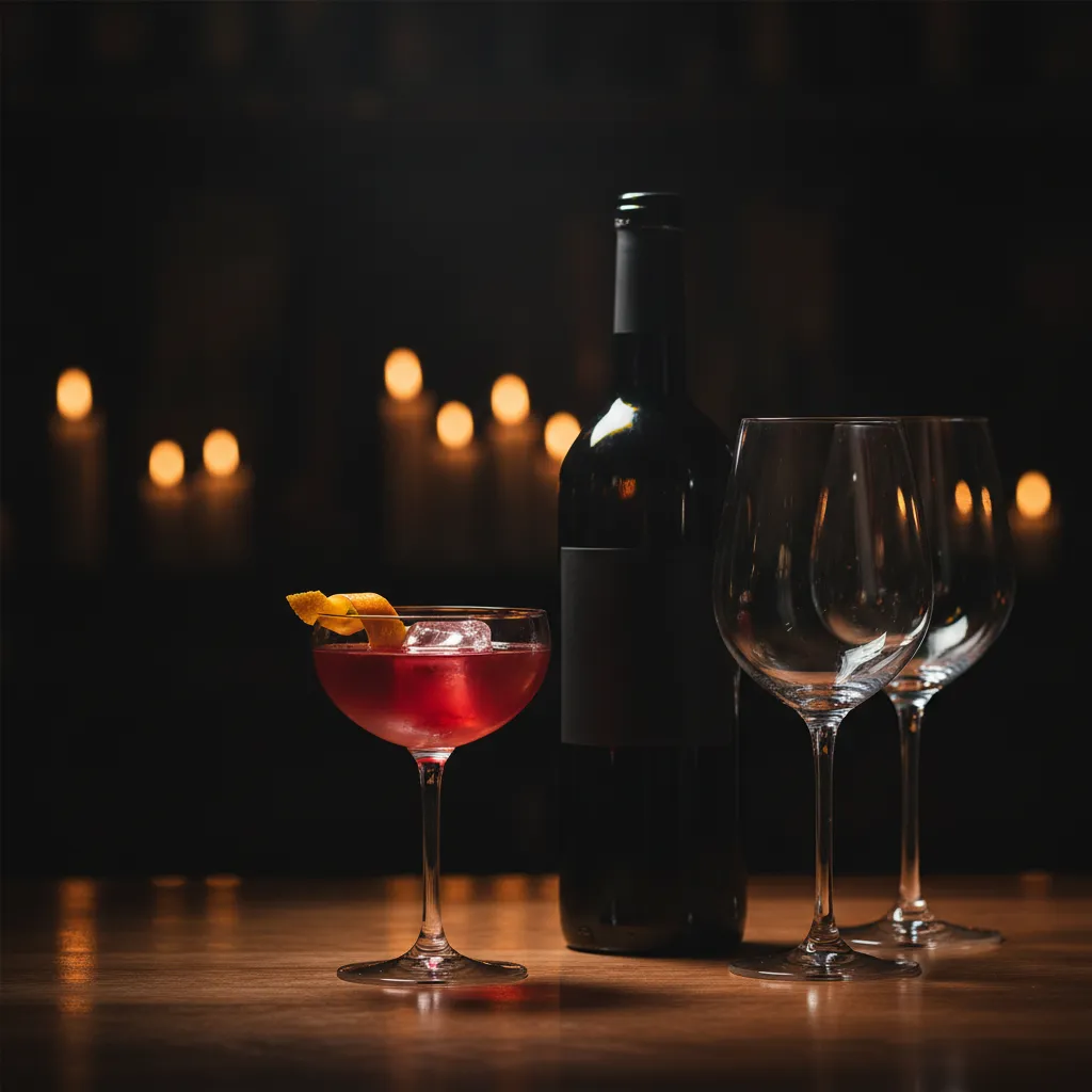 Cocktail and wine glasses in dim lighting