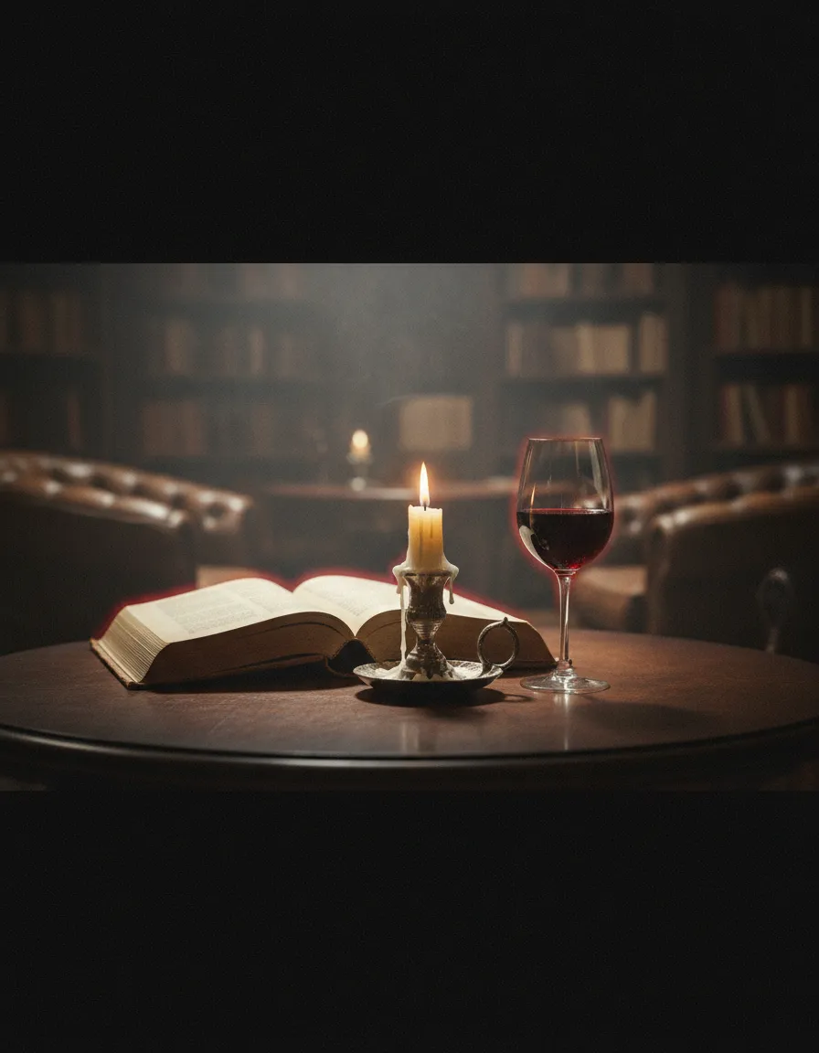 A moody scene with candles, vintage books, and a glass of dark wine