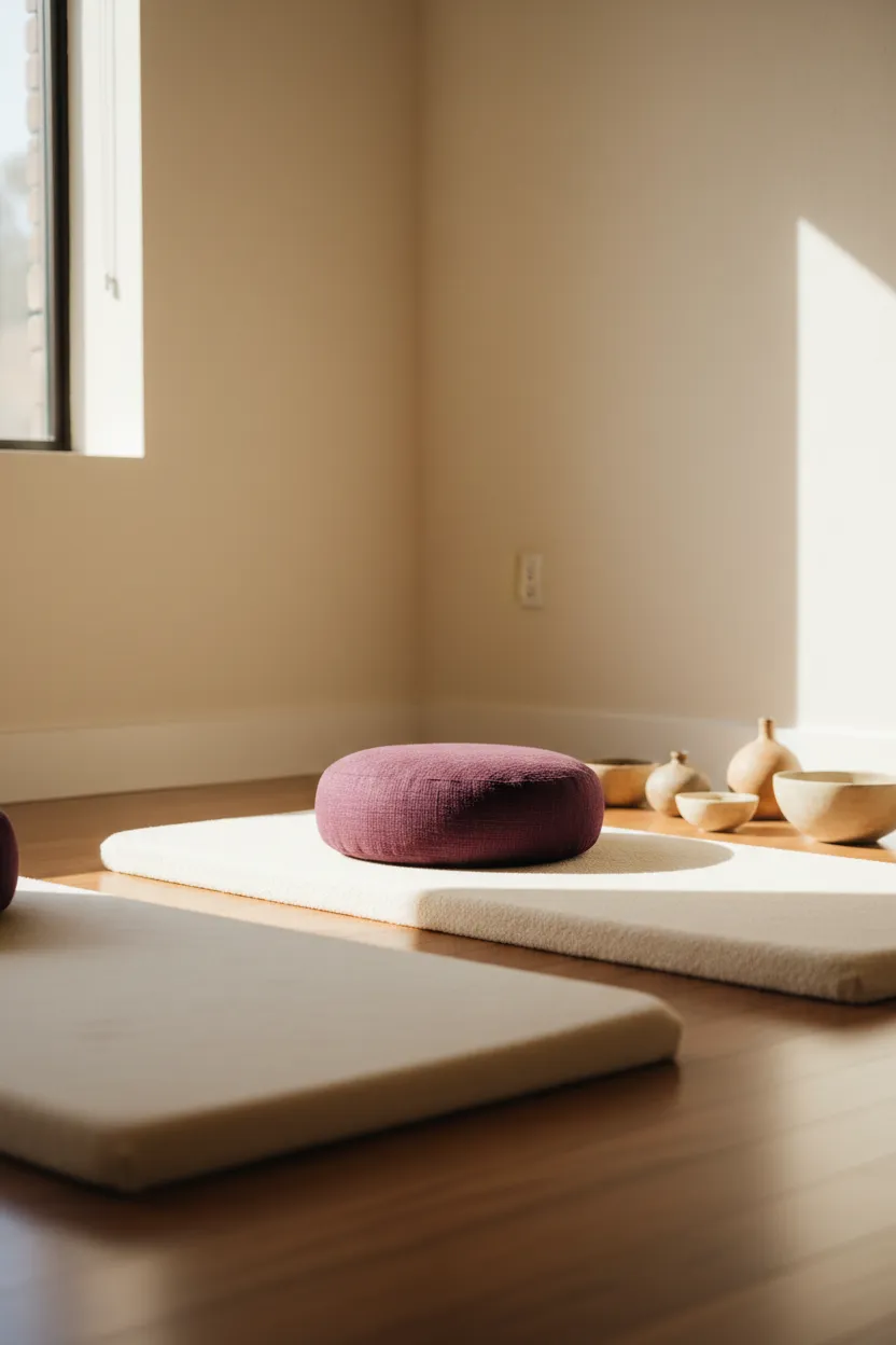 A serene, soft-focus healing space with warm natural light