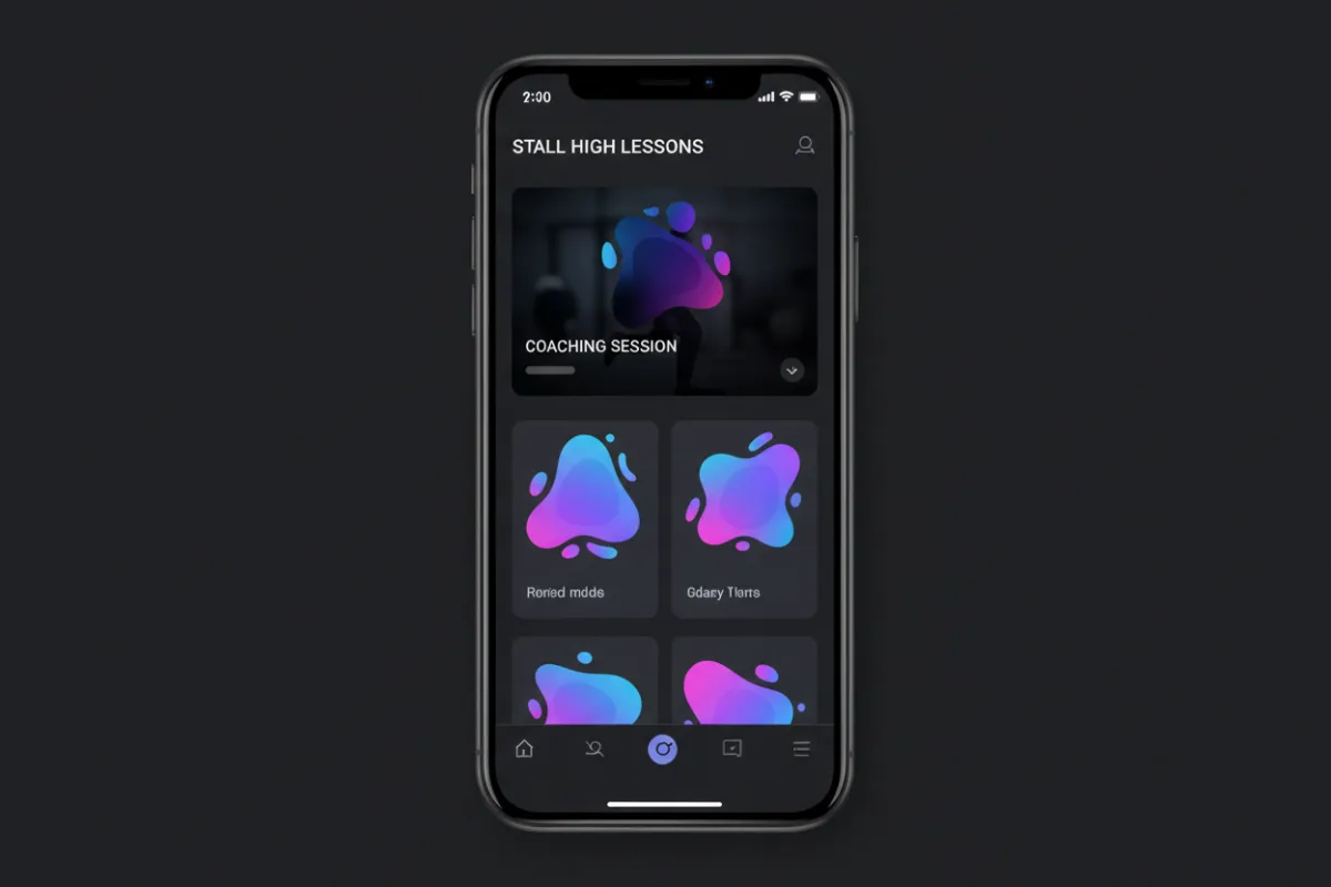 Stall High coaching app interface showing lesson feed and a coaching video thumbnail on a mobile device.