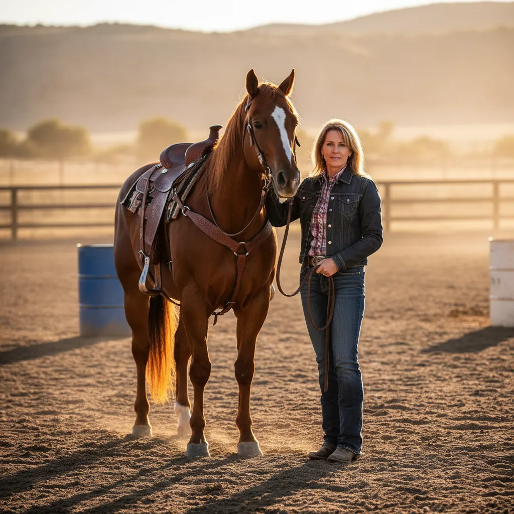 Portrait of Kendra Dickson standing beside a barrel horse in warm late-afternoon light at a training arena.