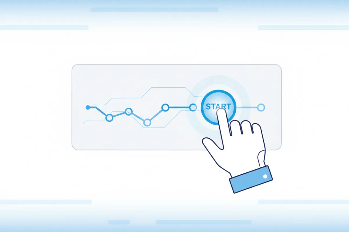 A minimalist vector illustration of a contractor's hand pressing a large, glowing 'Start' button on a digital interface. The background is clean white with subtle blue gradients, symbolizing the beginning of an automated workflow journey.