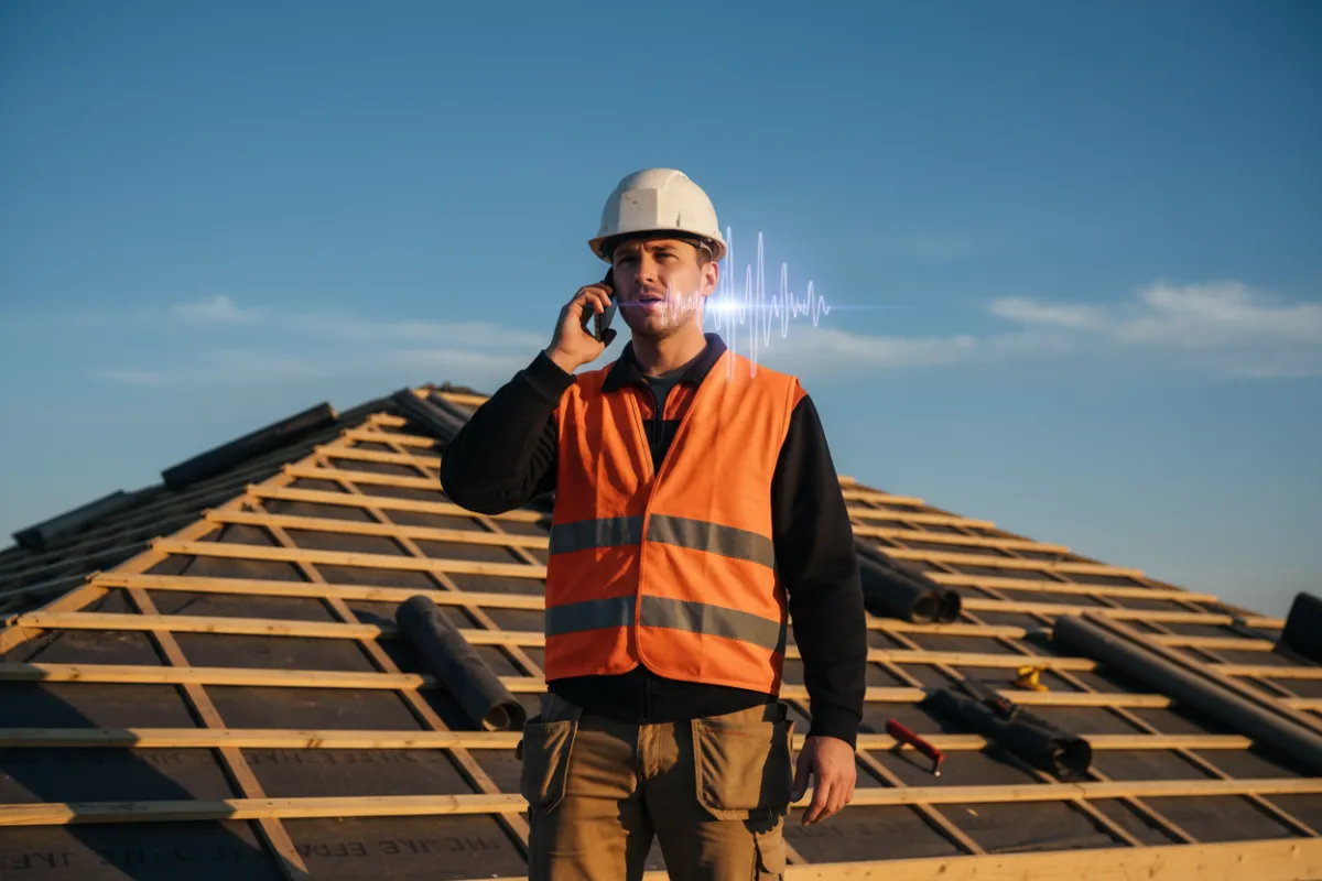 Roofing contractor speaking to AI voice agent on smartphone at a job site