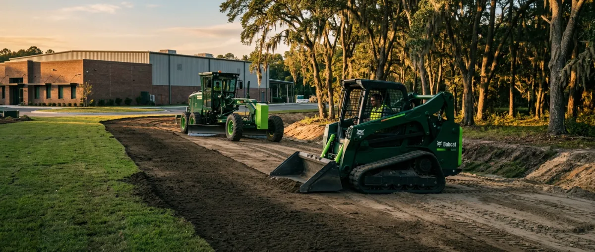 Commercial grading equipment and skid steer executing finished yard topography