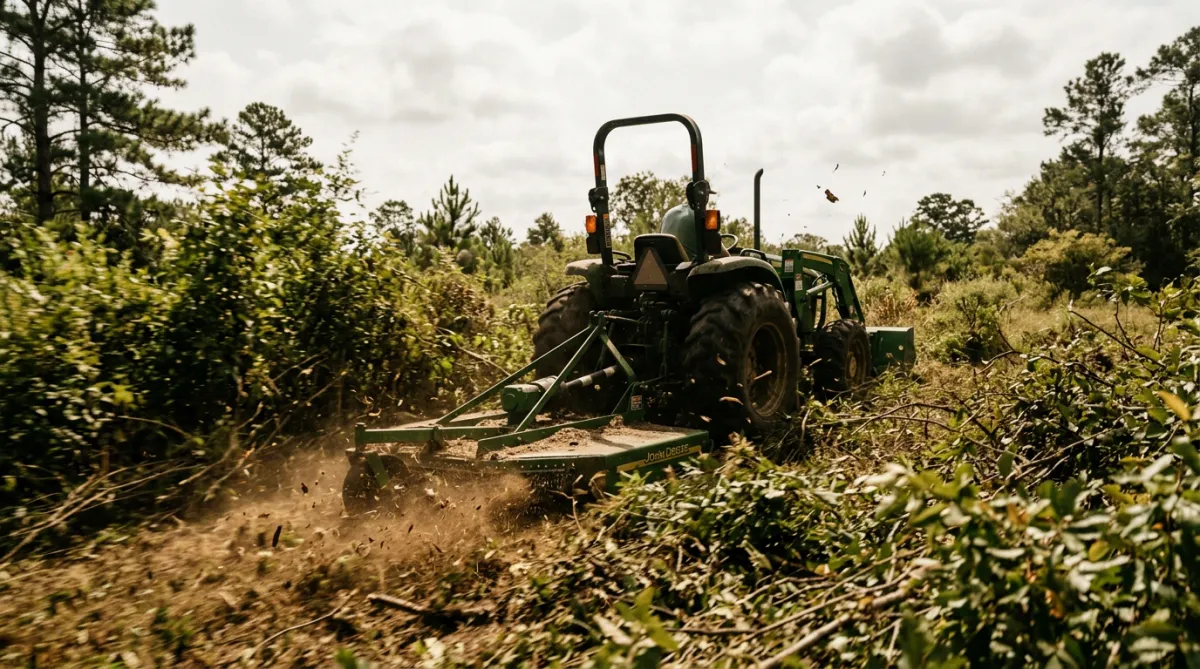 Heavy tractor with rotary cutter mowing through overgrown saplings and dense briars