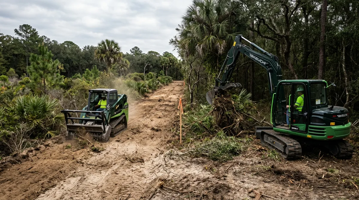 Excavator and tracked skid steer executing complete property line clearing