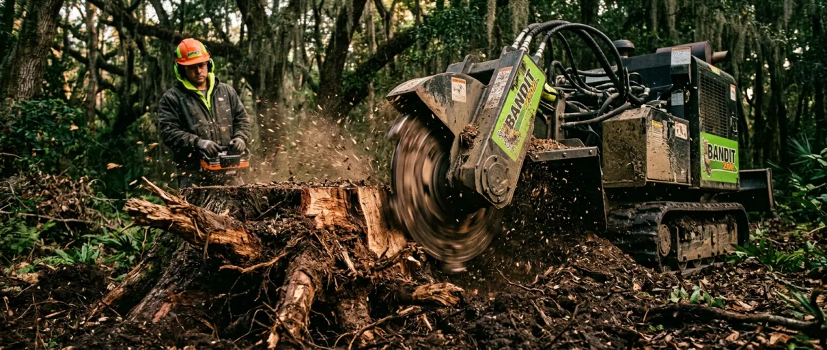 Heavy hydraulic stump grinder reducing large oak stump below soil level