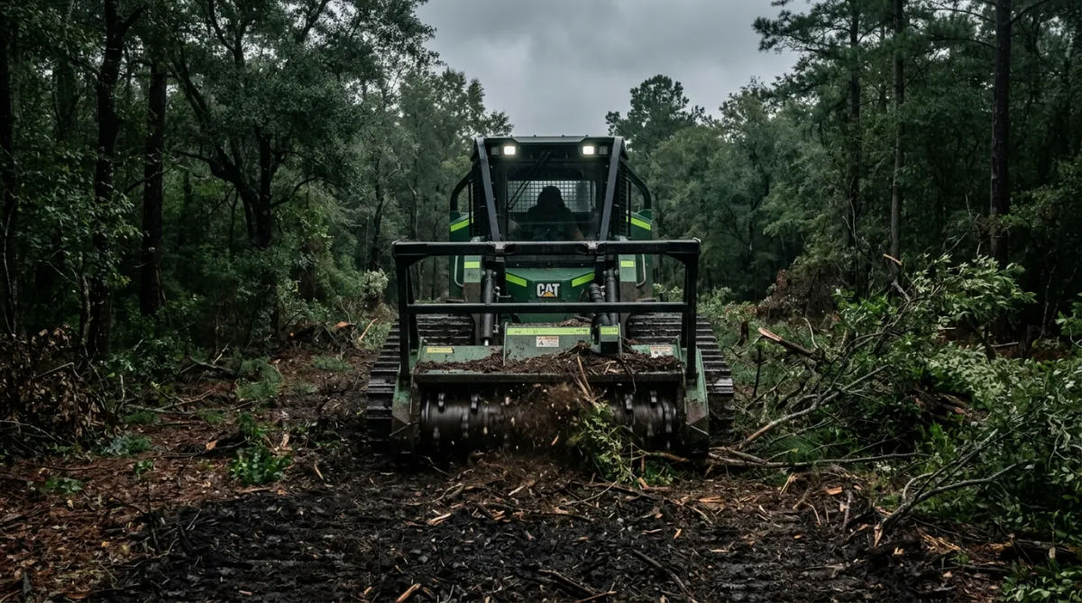 Forestry mulching tracked equipment processing thick undergrowth into ground layer