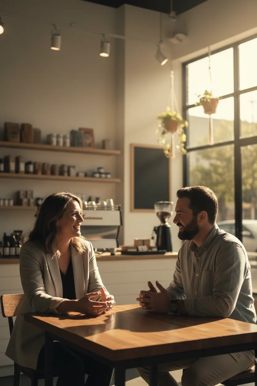 Local marketing specialist consulting with a small business owner in a bright, modern storefront.