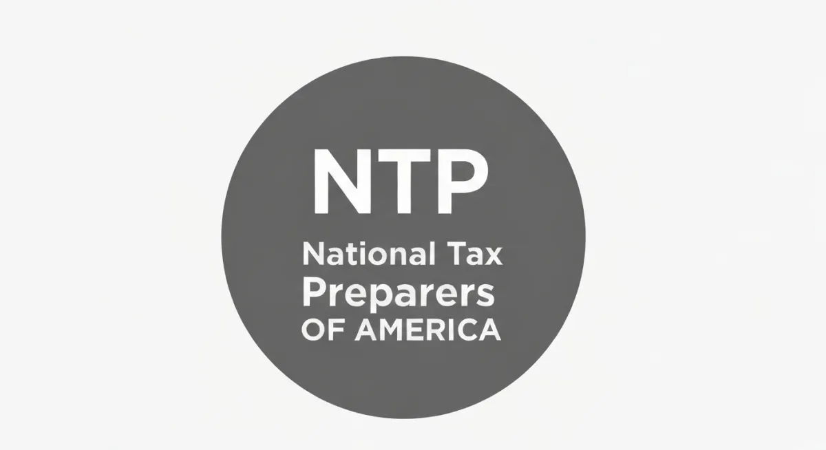 Circular logo mark with 'NTP' inside, followed by 'National Tax Preparers OF AMERICA' in white text