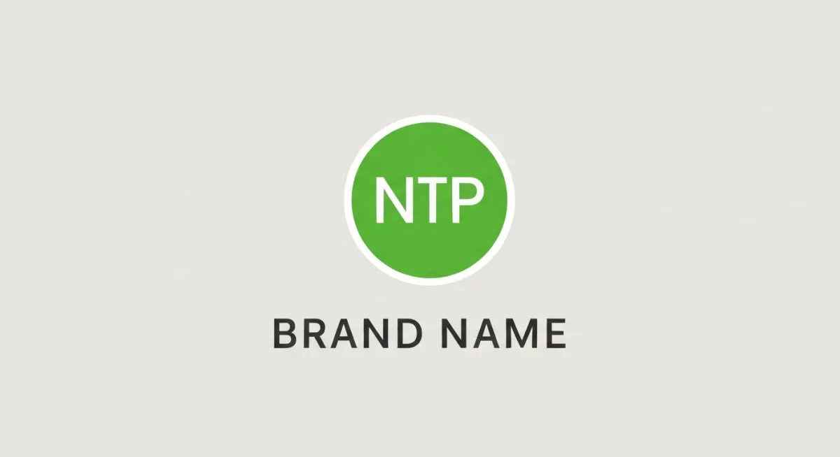Circular green monogram logo 'NTP' inside a thin white ring, followed by the brand name in a serif font