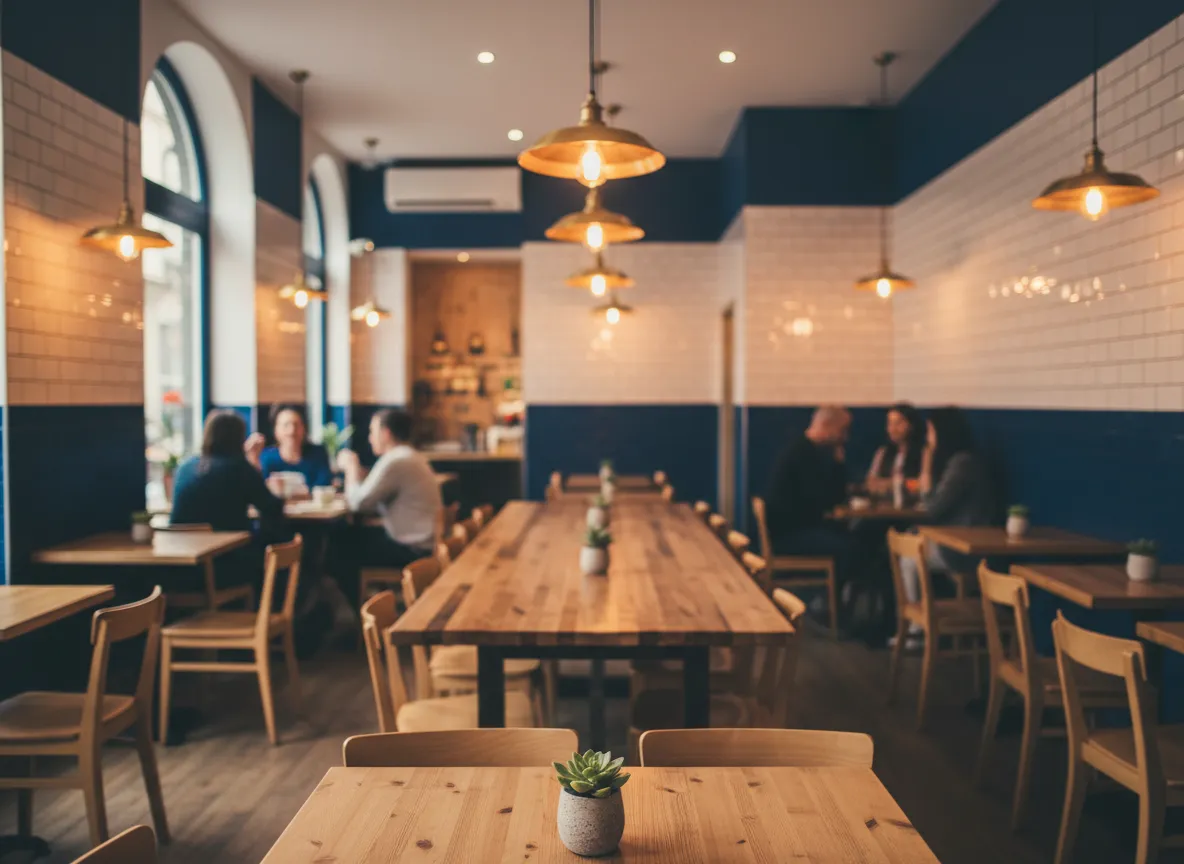 Warm interior of Burrito Blasus cafe with golden lighting