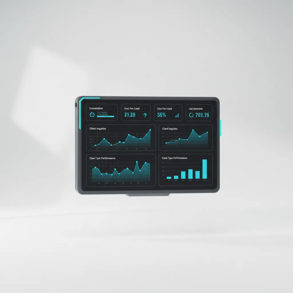 Abstract dashboard mockup showing Google Ads performance for lawyers