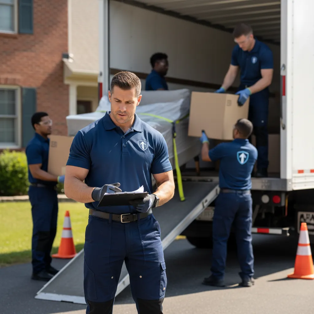 A skilled lead mover in branded attire, holding a clipboard and overseeing a team loading a moving truck, with a focus on safety and attention to detail.