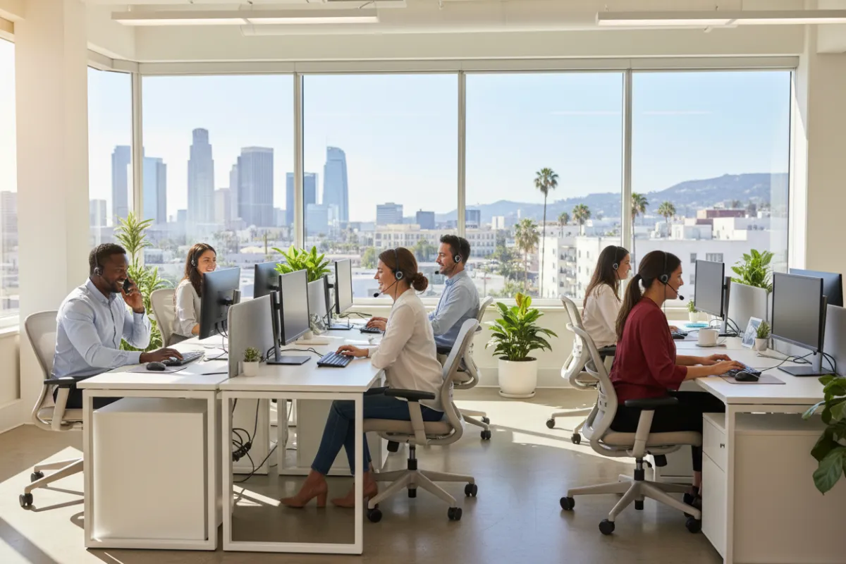 A diverse customer support team in a bright office, answering calls and emails, with Los Angeles cityscape visible through large windows, conveying approachability and readiness to assist.