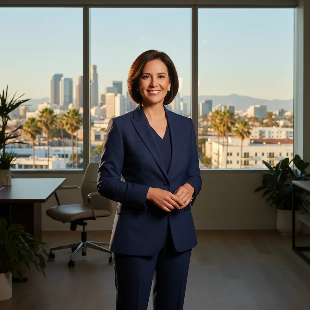 A confident team leader in a navy suit, standing in a sunlit office with Los Angeles skyline visible through the window, exuding professionalism and approachability.