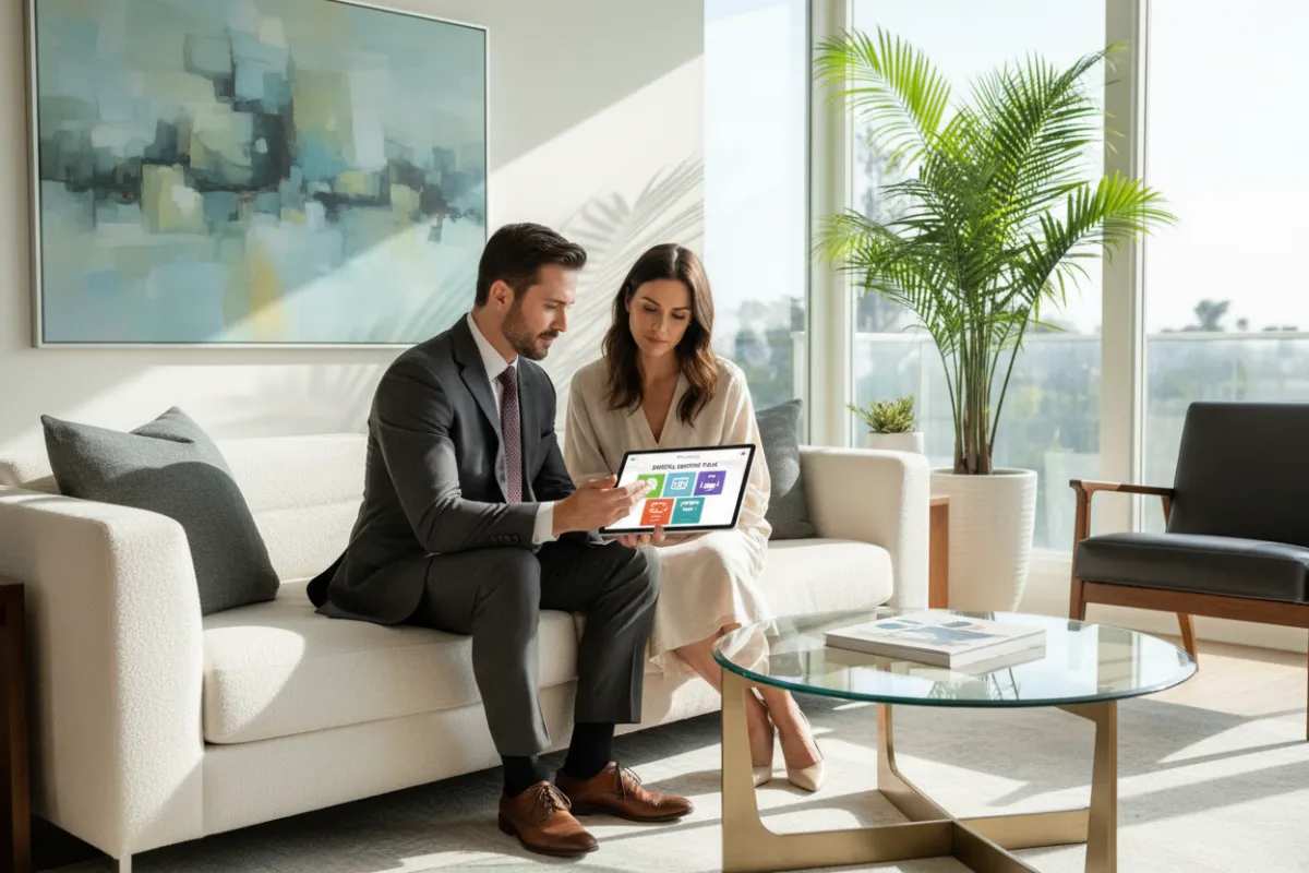 A well-dressed moving consultant meeting with a client in a stylish Los Angeles living room, both reviewing a digital moving plan on a tablet, with elegant decor and natural light highlighting the scene.