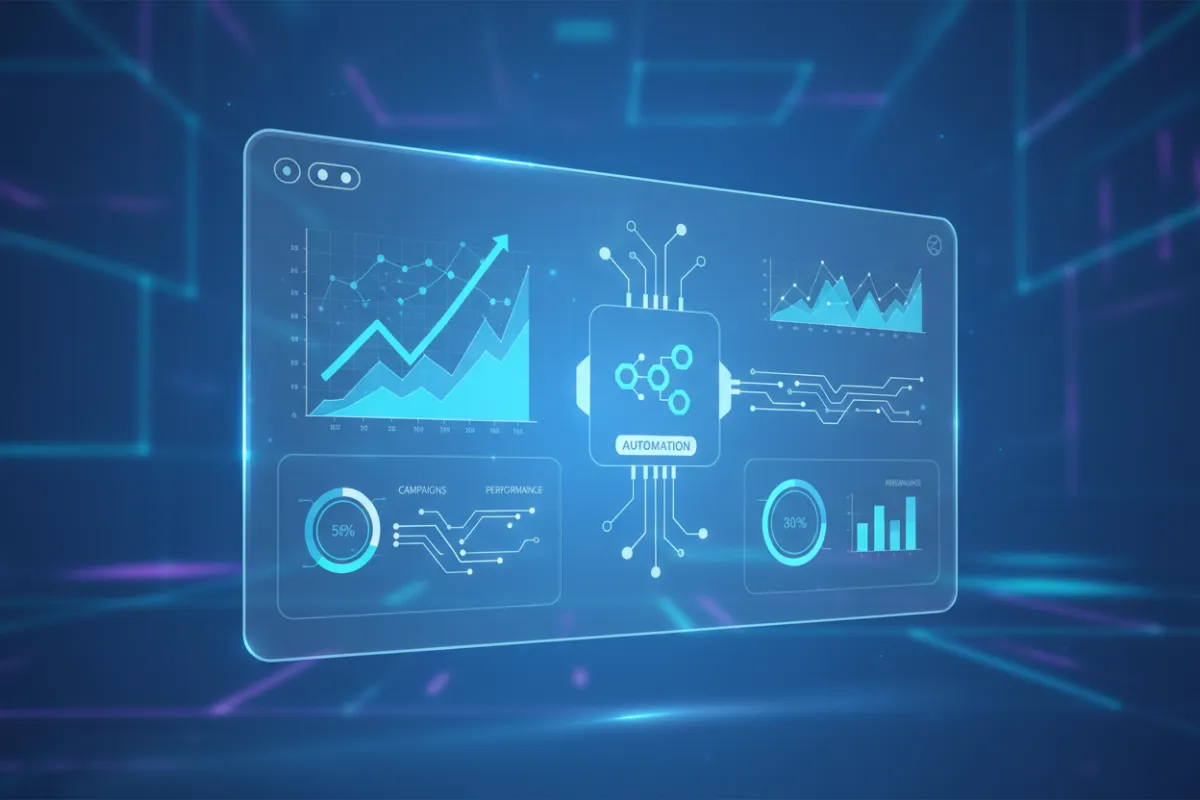 Pantalla de panel de control de marketing digital con gráficos de IA, fondo azul degradado, estilo moderno, sin personas, interfaz limpia y profesional, elementos de automatización destacados