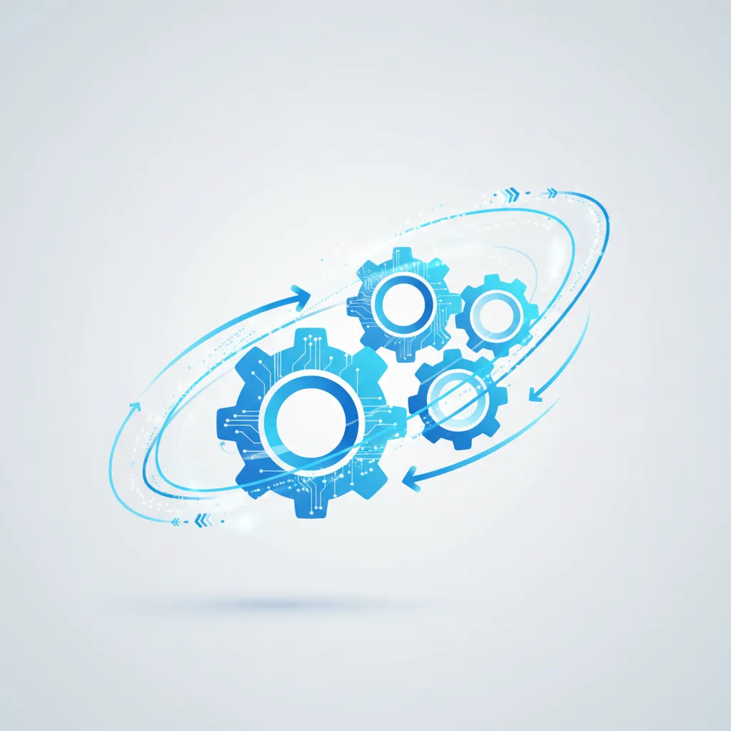 Ilustración de engranajes conectados y flujos de datos, representando integración de IA en negocios, colores azul y celeste, estilo vectorial, sin personas, fondo claro, sensación de movimiento y eficiencia