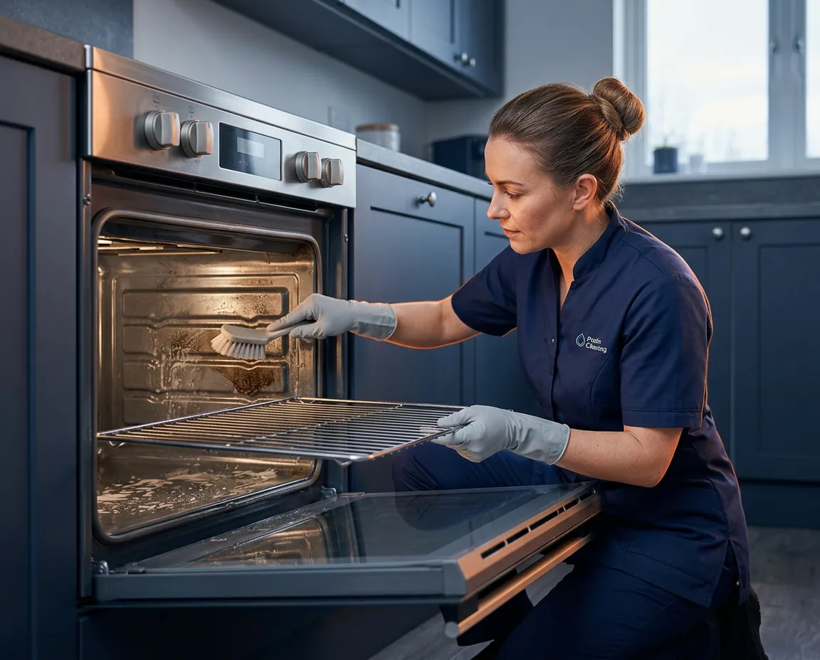 Professional cleaning technician thoroughly scrubbing and detailing a modern domestic oven interior