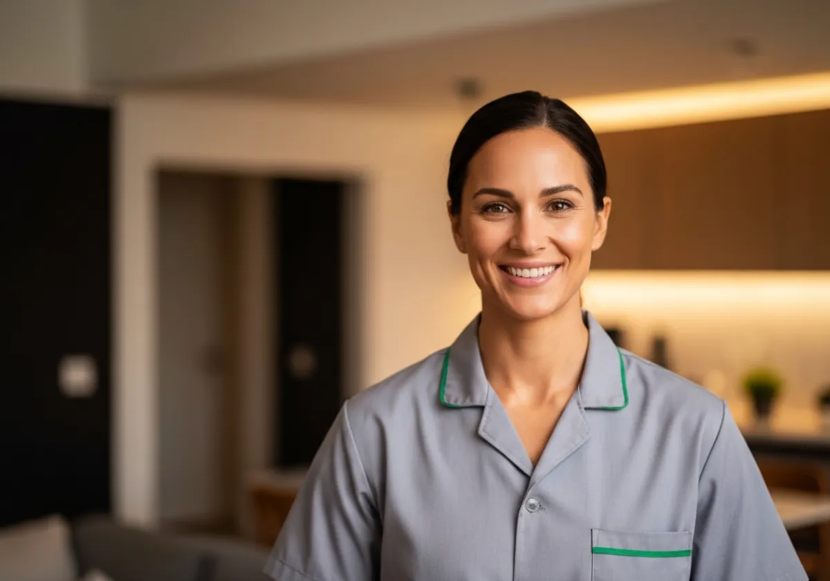 Professional cleaner smiling in a modern home