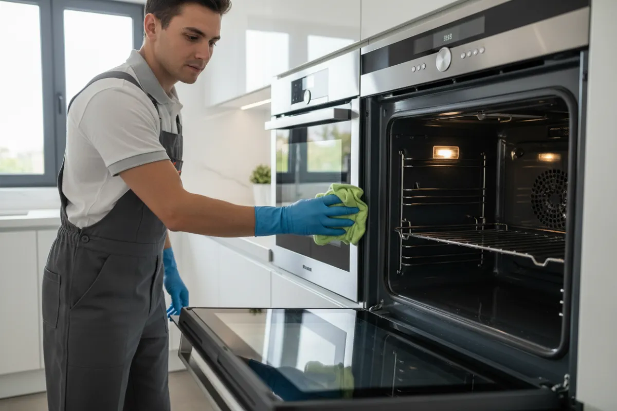 Portrait image of an oven cleaning service in a modern kitchen